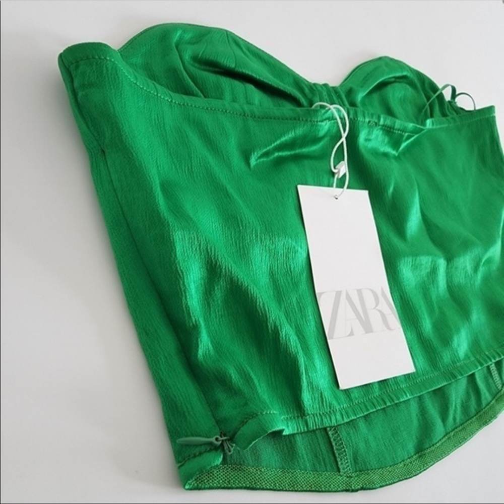 New Zara | Green Satin Effect Corset Crop Top - Picture 5 of 17